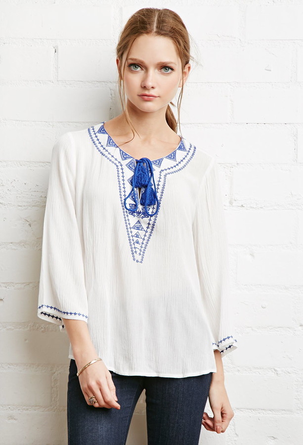 blue and white peasant top