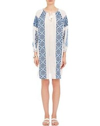 White and Blue Embroidered Peasant Dress