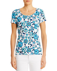 White and Blue Floral Crew-neck T-shirt