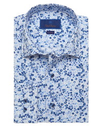 David Donahue Trim Fit Floral Stretch Cotton Linen Dress Shirt