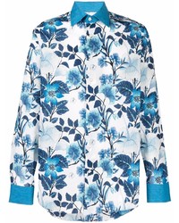 White and Blue Floral Linen Long Sleeve Shirt