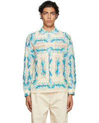 Bode Blue White Embroidered Filet Shirt