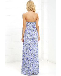 LuLu*s All Afloat Royal Blue Floral Print Strapless Maxi Dress