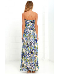 LuLu*s Sweet Symphony Blue Floral Print Strapless Maxi Dress