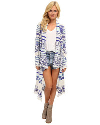 White and Blue Geometric Open Cardigan