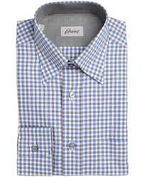 Brioni Blue And Grey Gingham Point Collar Dress Shirt