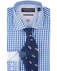 Nick Graham Shirttie Set Blue Gingham Shirt Navy Dice Print Tie