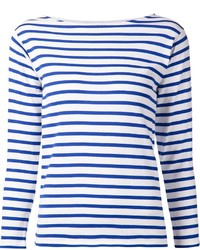 White and Blue Horizontal Striped Crew-neck Sweater
