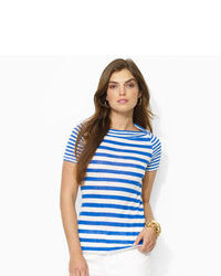 White and Blue Horizontal Striped Crew-neck T-shirt