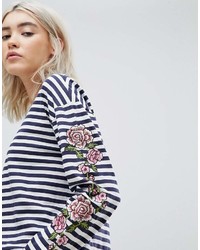 Asos Striped Long Sleeve T Shirt With Rose Embroidery
