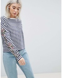 Asos Striped Long Sleeve T Shirt With Rose Embroidery