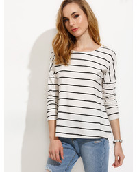 Shein White Striped Drop Shoulder T Shirt