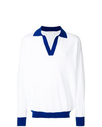White and Blue Horizontal Striped Polo Neck Sweater