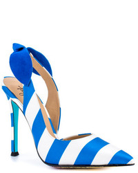 White and Blue Horizontal Striped Pumps