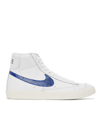 White and Blue Leather High Top Sneakers