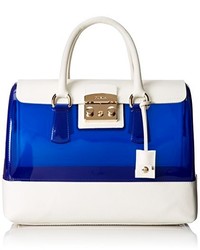 White and Blue Leather Satchel Bag