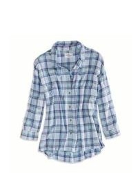 White and Blue Plaid Button Down Blouse