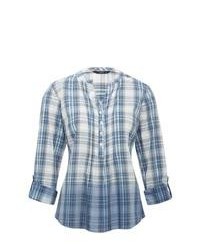 M&Co Ombre Check Gingham Casual Roll Sleeve Button Down Shirt Blouse Top Blue 16