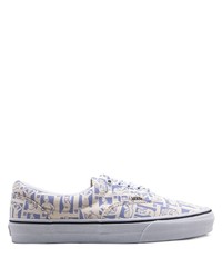 White and Blue Print Canvas Low Top Sneakers