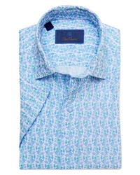 David Donahue David Fit Sea Life Print Linen Short Sleeve Dress Shirt