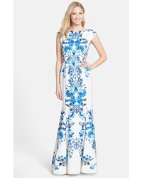 White and Blue Print Evening Dress