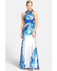 Morgan Co Watercolor Print Embellished Open Back Satin Train Gown