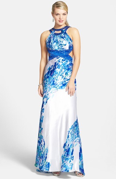 Morgan Co Watercolor Print Embellished Open Back Satin Train Gown, $240 ...