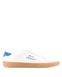 White and Blue Print Leather Low Top Sneakers