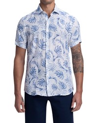Bugatchi Shaped Fit Tropical Leaf Print Short Sleeve Linen Button Up Shirt In Riviera At Nordstrom