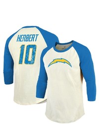 Majestic Threads Fanatics Branded Justin Herbert Creampowder Blue Los Angeles Chargers Vintage Player Name Number Raglan 34 Sleeve T Shirt