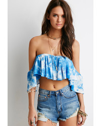 White and Blue Print Off Shoulder Top