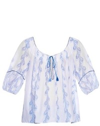 White and Blue Print Peasant Blouse