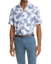 Eleventy Palm Leaf Short Sleeve Linen Button Up Shirt