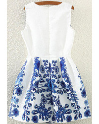 Sleeveless Blue And White Porcelain Print Flare Dress