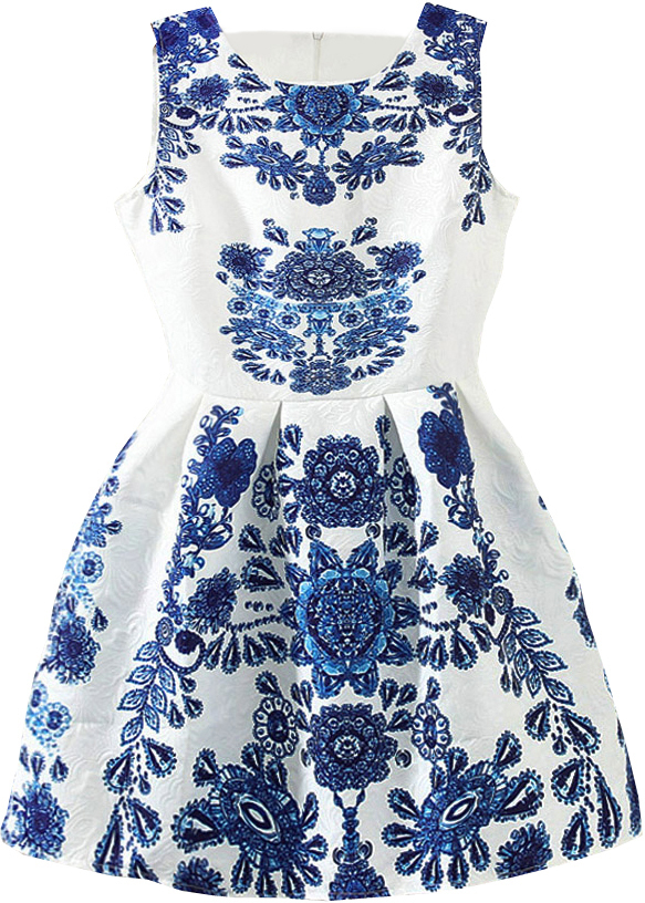 svinge behagelig Fordeling Sleeveless Blue And White Porcelain Print Flare Dress, $31 | Romwe |  Lookastic