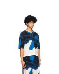 Homme Plissé Issey Miyake Blue And White Action Painting V Neck T Shirt
