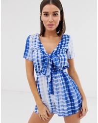 Missguided Tie Front Playsuit In Blue Tie Dye
