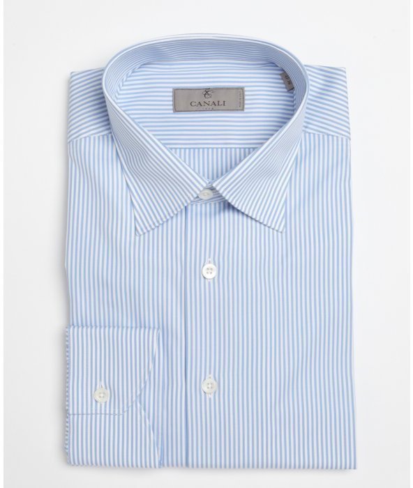 Canali Blue And White Stripe Cotton Spread Collar Dress Shirt