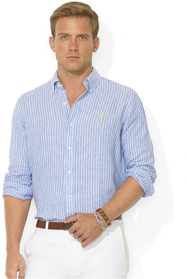 Polo Ralph Lauren Shirt Custom Fit Long Sleeve Striped Linen Sport Shirt,  $125 | Macy's | Lookastic