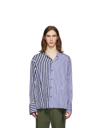 White and Blue Vertical Striped Linen Long Sleeve Shirt