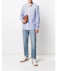 Manuel Ritz Collarless Striped Cotton Linen Shirt