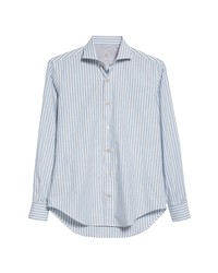 Eleventy Stripe Cotton Silk Button Up Shirt In Denim At Nordstrom