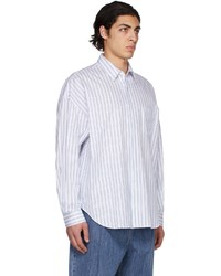 Juun.J White Blue Stripe Side Slit Shirt