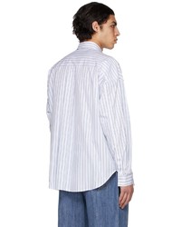 Juun.J White Blue Stripe Side Slit Shirt