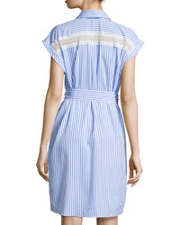 Neiman Marcus Striped Lace Inset Shirtdress Bluewhite