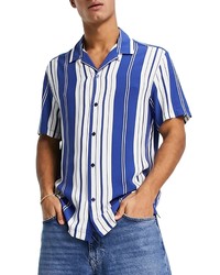 Topman Stripe Short Sleeve Button Up Camp Shirt In Blue At Nordstrom
