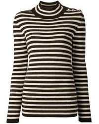 White and Brown Horizontal Striped Crew-neck Sweater