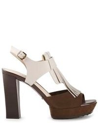 White and Brown Leather Heeled Sandals
