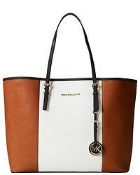 White and Brown Leather Tote Bag