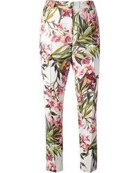 White and Green Floral Skinny Pants